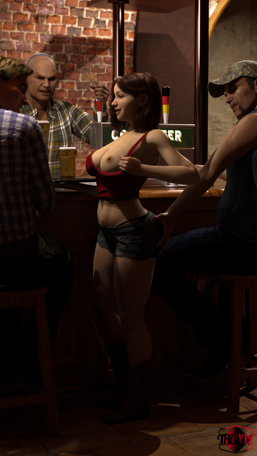 1girls 3boys bar barmaid beer big_ass big_breasts bob_(troxvi) breasts_out brown_hair cutoff_shorts denver_(troxvi) donald_goertz_(troxvi) female grope human human_only light-skinned_female light-skinned_male light_skin male mature mature_male presenting_breasts sal_carpenter_(troxvi) straight troxvi