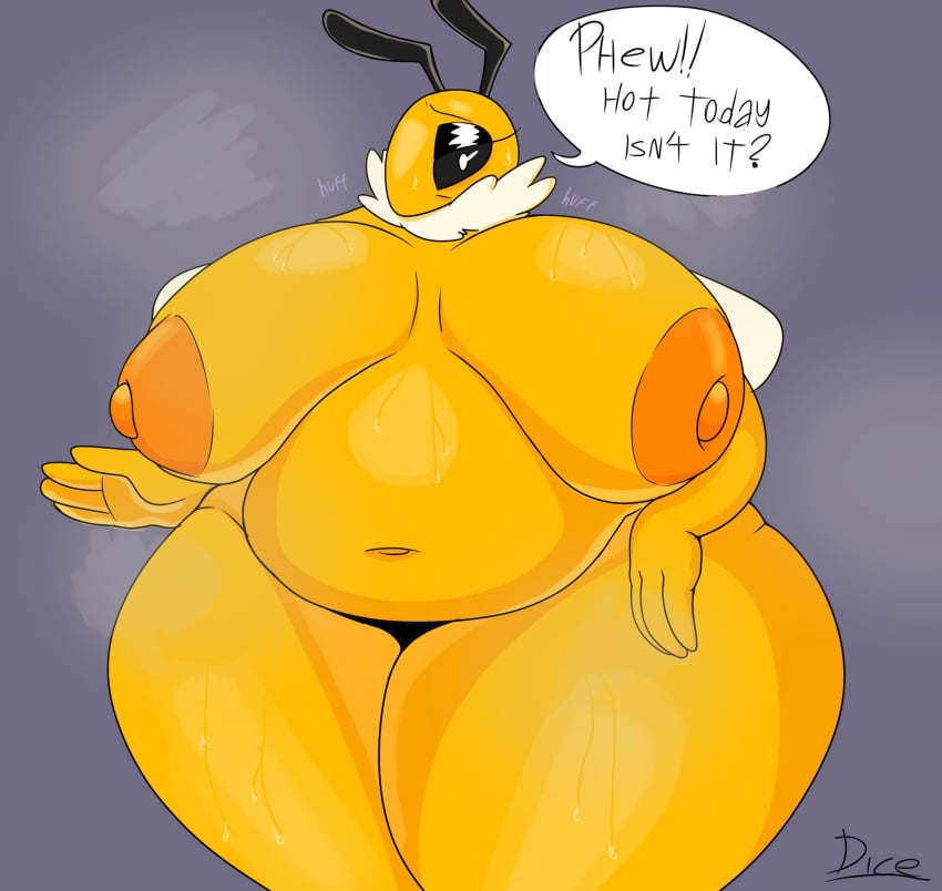 1girls 2023 4_fingers altspav_(artist) ass bee bee_wings big_breasts breasts chubby_female female female_only grey_background huge_ass looking_at_viewer milf neck_tuft nipples nude nude_female orange_nipples solo solo_female sweat sweaty talking talking_to_viewer text text_bubble thick_thighs white_eyes wings yellow_skin