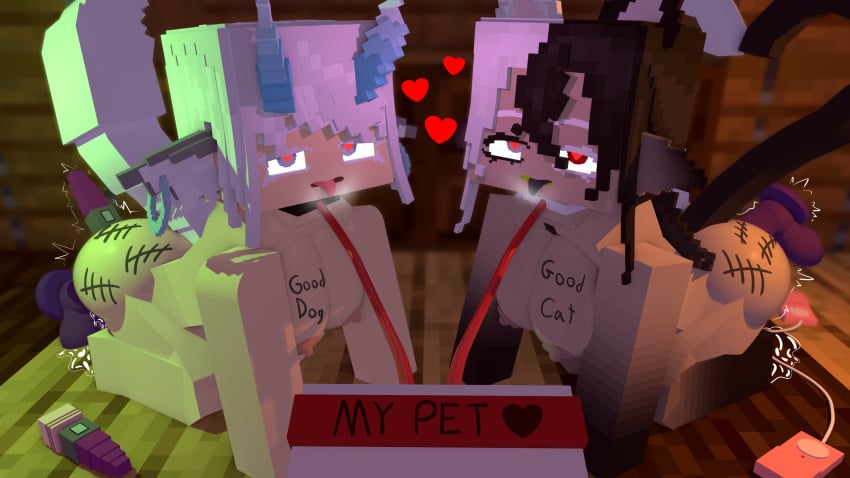 2girls 3d albedo_(botaokami) anal_penetration blue_eyes blue_horns botaokami breasts bunny_ears cat_humanoid cat_tail dildo_in_ass dildo_in_pussy erect_nipples horny_female looking_at_viewer mine-imator minecraft multicolored_hair nude_female outside pet sex_toy smile tagme tongue_out vaginal_penetration vibrator_in_ass vibrator_in_pussy white_hair wolf_girl wolf_humanoid wolf_tail wolffy_(botaokami)