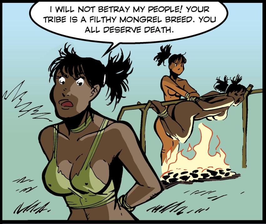 3girls cannibalism cooking dark-skinned_female dark_skin female female_only gynophagia human human_only imminent_death literal_spitroast multiple_girls naked_female nude nude_female pulptoon spitroast the_tribe tied_to_pole tribal