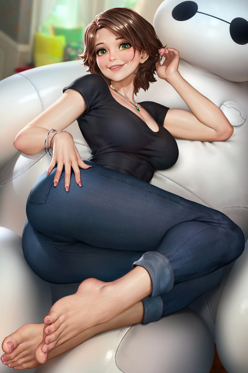 1girls amulet baymax big_breasts big_hero_6 brown_hair cass_hamada curvy disney feet freckles green_eyes hourglass_figure jeans lying_on_side marvel marvel_comics mature_female milf neoartcore short_hair top very_high_resolution