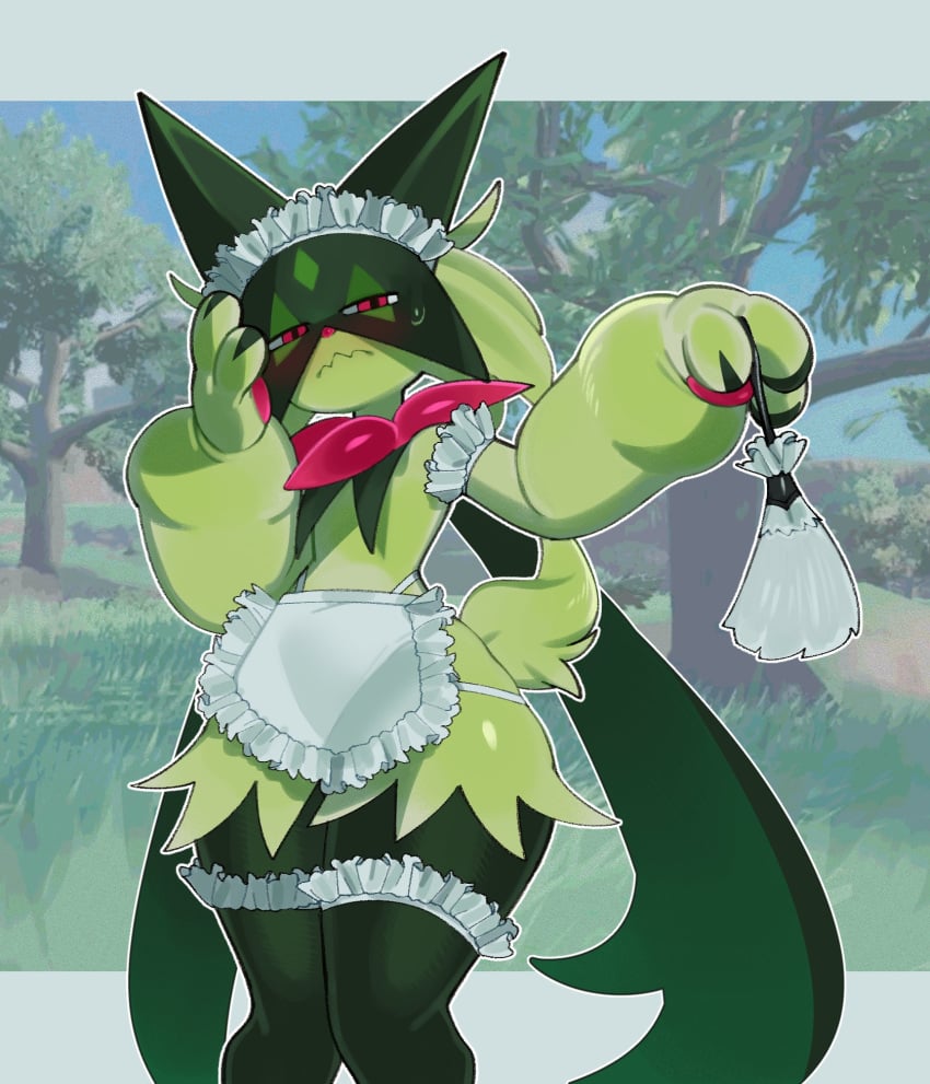 2023 ambiguous_gender anthro blush bodily_fluids clothed clothing fiinel fur generation_9_pokemon green_body green_fur hi_res looking_at_viewer maid maid_uniform meowscarada narrowed_eyes nintendo pokemon pokemon_(species) pokemon_sv red_eyes solo sweat uniform wavy_mouth wide_hips