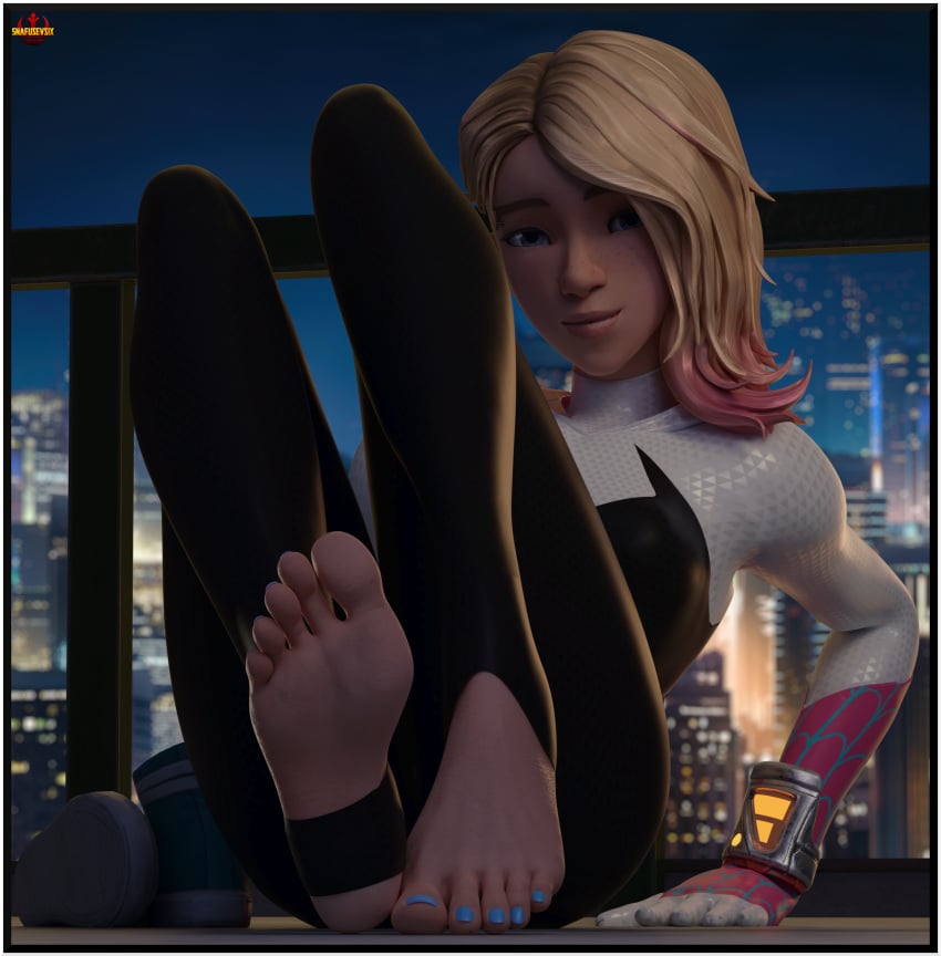 1girls 3d asymmetrical_hair barefoot blender blonde_hair blue_toenails feet female female_only foot_fetish foot_focus gwen_stacy hero_costume human human_only light-skinned_female light_skin marvel medium_breasts public skinny snafusevsix soles solo solo_female spider-gwen spider-man:_into_the_spider-verse spider-man_(series) stirrup_legwear superhero_costume superheroine toeless_legwear toenail_polish toes