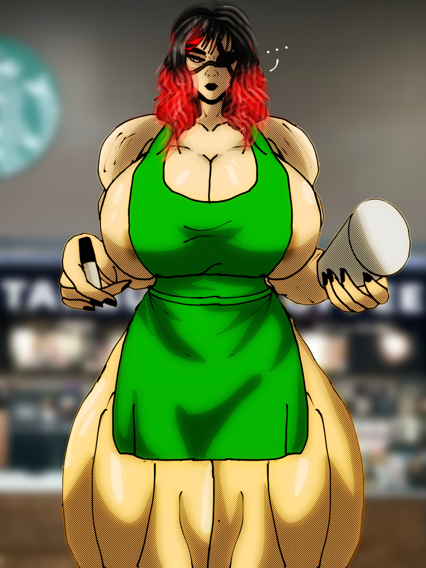 barista big_breasts employee employee_uniform goth_mommy lactation larski(original_character) muscle_mommy muscular_female muscular_thighs nipple_slip red_eyes red_hair starbucks