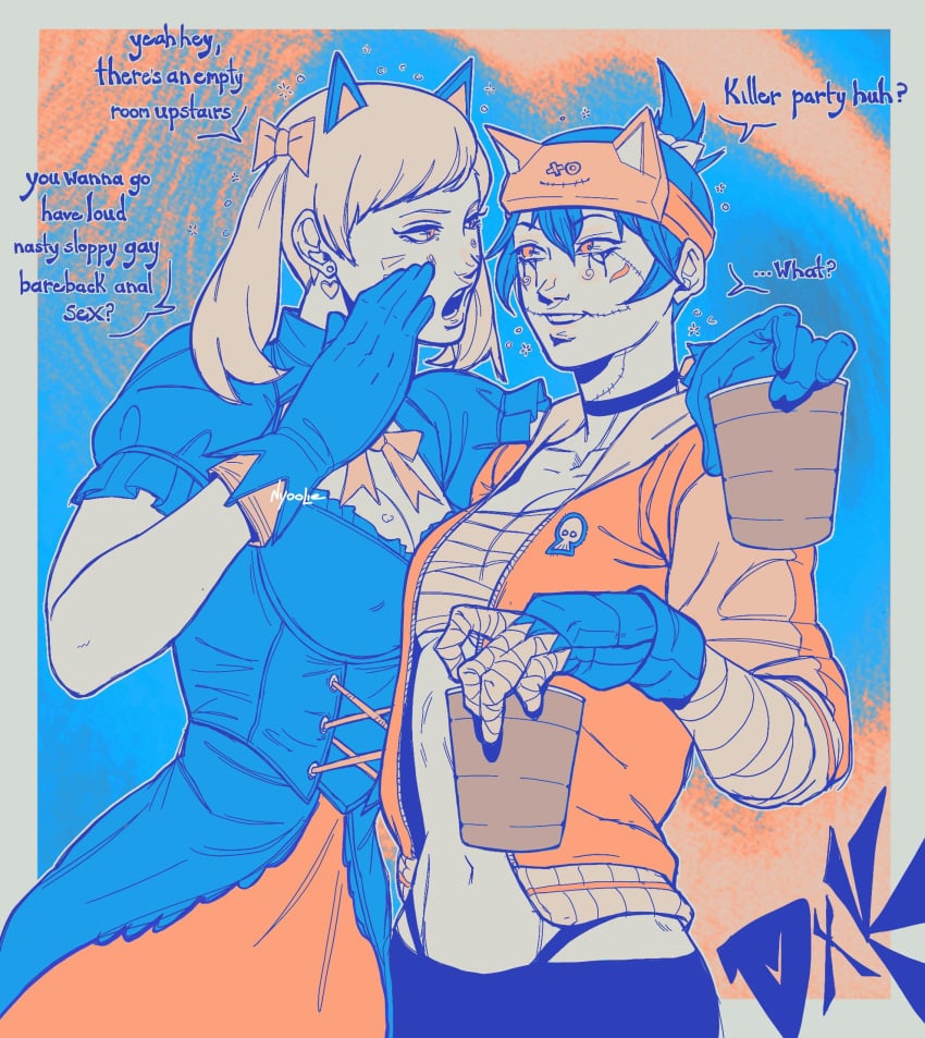 2girls black_cat_d.va blonde_hair cat_ears chest_wraps costume d.va dialogue dress drunk english_text halloween kiriko_(overwatch) nyoolie overwatch overwatch_2 suggestive sukajan_kiriko text thong