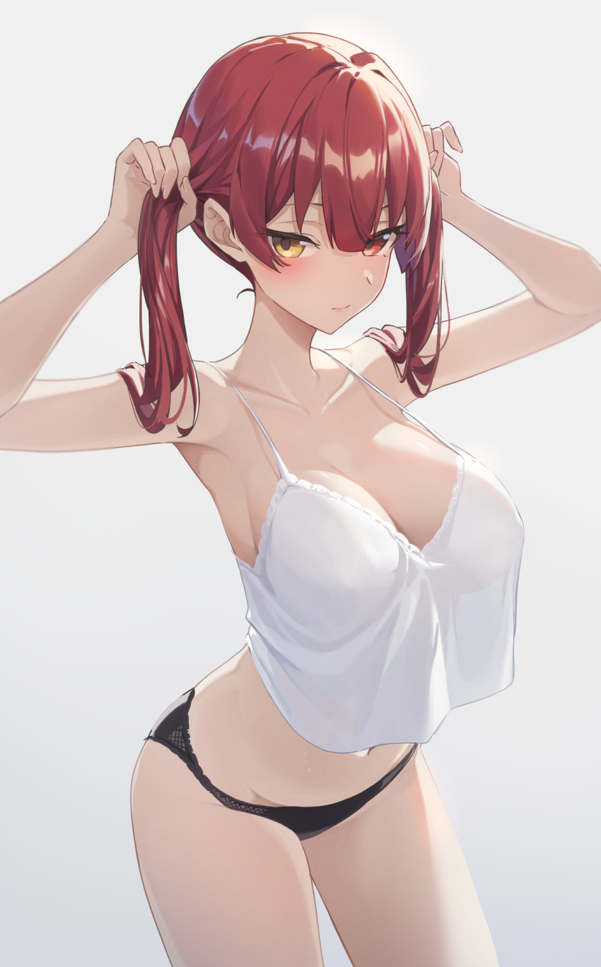 arms_up black_panties breasts camisole closed_mouth collarbone cowboy_shot crop_top crop_top_overhang female heterochromia highres hololive hololive_fantasy hololive_japan houshou_marine large_breasts long_hair navel panties red_eyes red_hair reulem solo stomach strap_gap thighs twintails underwear underwear_only virtual_youtuber white_camisole yellow_eyes