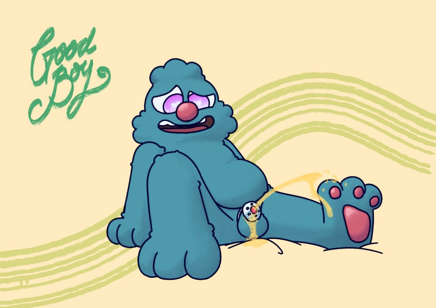 absurd_res anthro balls blue_body blue_fur bodily_fluids chastity_cage chastity_device feet filbo_fiddlepie fur genital_fluids genitals grumpus heart hi_res looking_pleasured male nude open_mouth pawpads paws peeing simple_background smile solo toes urine urine_stream waterbottle_(artist) watersports