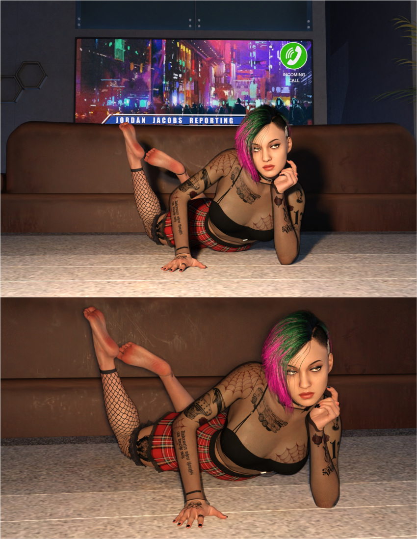 2023 3d black_toenails booleanvalue clothing colored_hair couch cyberpunk cyberpunk_2077 feet female_only fishnets flashing girl goth judy_alvarez makeup pose short_hair skirt skirt_lift