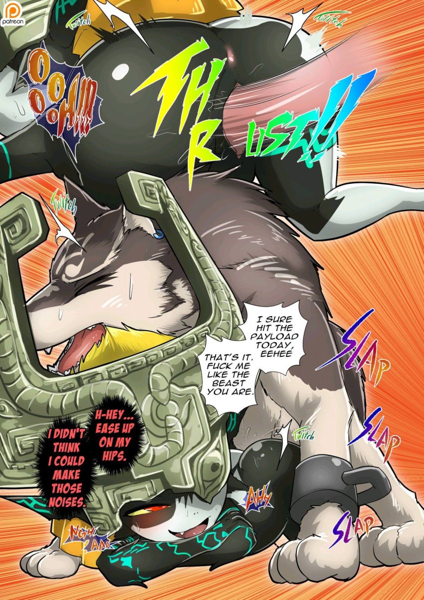 1boy 1boy1girl 1girls 2018 anus ass blush canine canine_penis closed_eyes comic cute_fang doujinshi english english_text fangs feral grey_fur half-closed_eyes kikunyi link mask midna multicolored_body patreon patreon_logo paws penis pussy red_eyes right_to_left shackles sweat teeth the_legend_of_zelda tongue twili twilight_princess vaginal_penetration white_fur wolf wolf_link yellow_sclera zoophilia