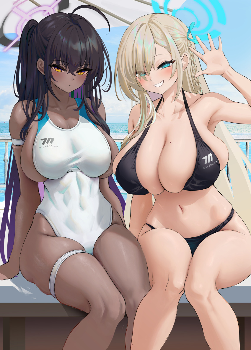 2girls alternate_version_available asuna_(blue_archive) b-pang bikini black_hair blonde_hair blue_archive blue_eyes breasts brown_skin chocolate_and_vanilla cleaning_&_clearing_(blue_archive) cleavage competition_swimsuit dark-skinned_female dark_skin female hair_over_one_eye halo hi_res highleg_swimsuit huge_breasts karin_(blue_archive) light-skinned_female light_skin long_hair looking_at_viewer millennium_science_school_logo_(blue_archive) millennium_science_school_student one-piece_swimsuit outdoors smile swimsuit waving_at_viewer yellow_eyes