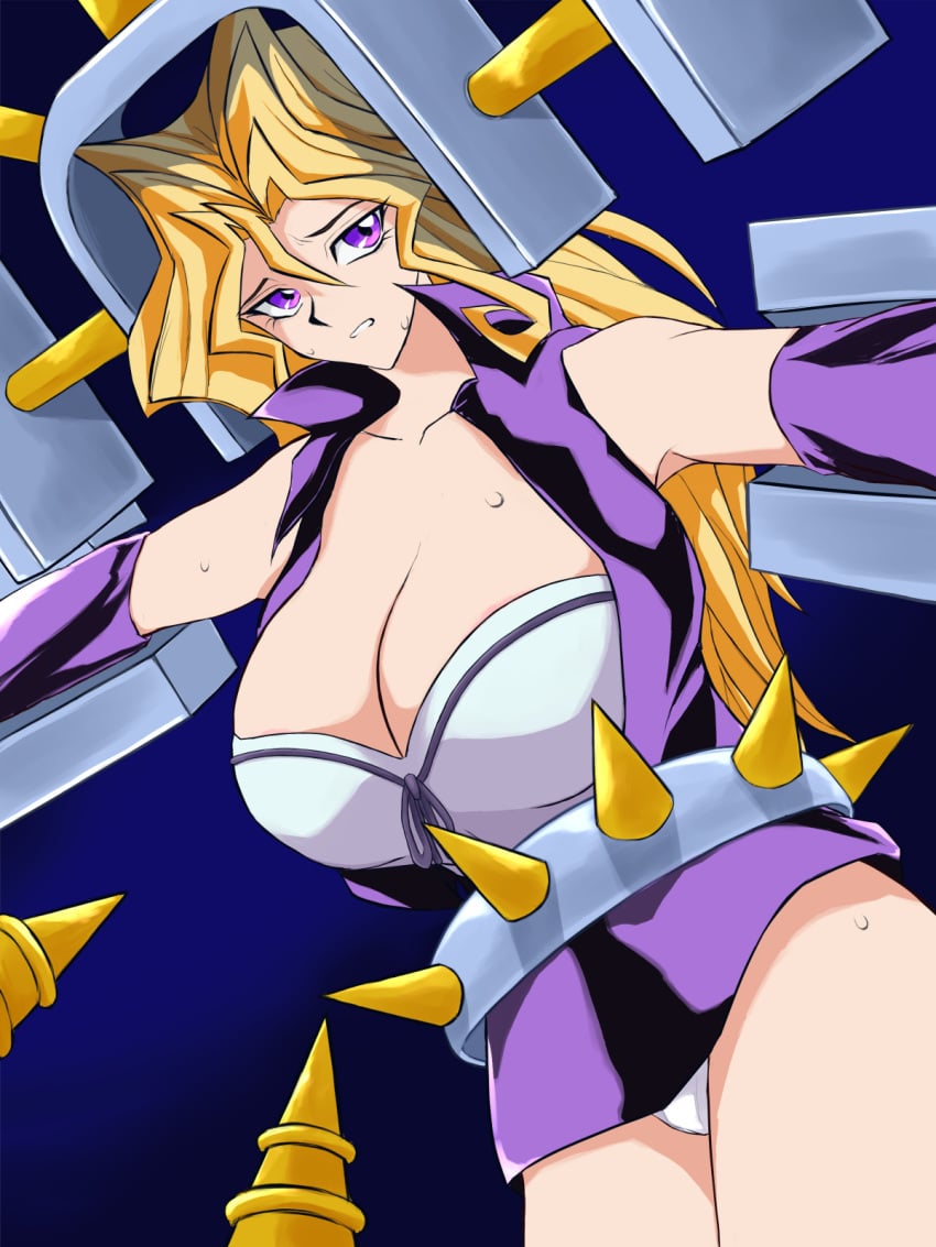 blonde_hair breasts byser_shock cleavage electricity electrodes electrostimulation kujaku_mai large_breasts leather leather_jacket leather_skirt long_hair mai_valentine milkcarton_man purple_eyes purple_skirt restrained scared shiny_clothes thick_thighs thighs torture viser_des white_panties yu-gi-oh! yu-gi-oh!_duel_monsters