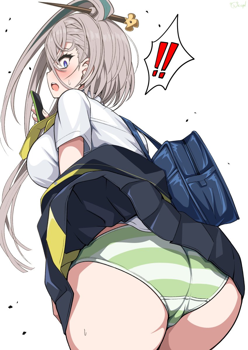 ! !! absurdres ass bag blush breasts clothes_lift commission fate/grand_order fate_(series) female from_behind green_panties grey_hair hair_ornament highres holding holding_phone huyan_zhuo_(fate) large_breasts looking_at_viewer looking_back open_mouth panties pantyshot phone pixiv_commission pleated_skirt school_bag school_uniform sekai_saisoku_no_panda shirt simple_background skirt skirt_lift solo striped striped_panties sweat underwear uniform white_background white_shirt wind wind_lift