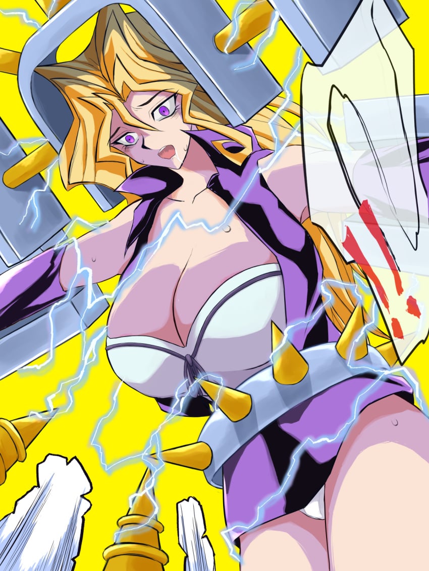 blonde_hair breasts byser_shock cleavage electricity electrodes electrostimulation kujaku_mai large_breasts leather leather_jacket leather_skirt long_hair mai_valentine milkcarton_man purple_eyes purple_skirt restrained shiny_clothes thick_thighs thighs torture viser_des white_panties yu-gi-oh! yu-gi-oh!_duel_monsters