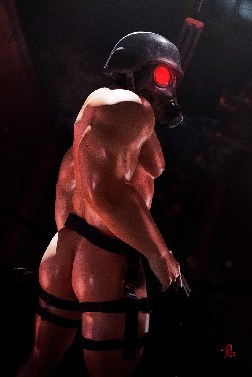 3d 3d_(artwork) abs ass belt blender capcom casual firearm from_behind gasmask gear gun handgun headwear helmet hi_res human hunk_(resident_evil) legwear male male_focus male_only mask muscular muscular_arms muscular_male nipples pale_skin partialy_clothed resident_evil scratches solo solo_focus tactical_nudity tauntilock weapon