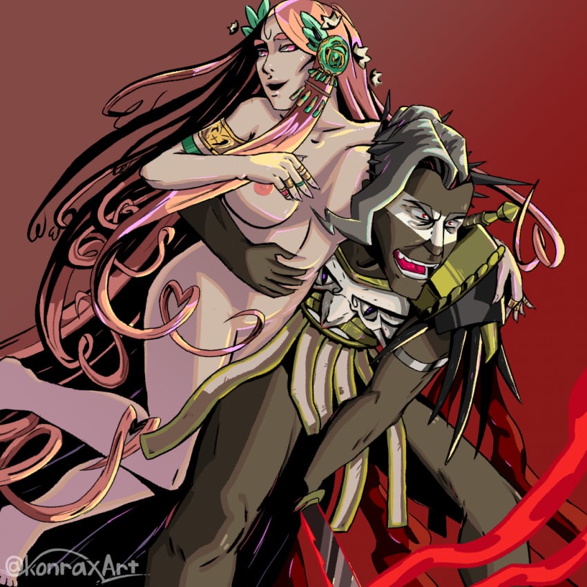 1boy 1girls aphrodite_(hades) ares_(hades) big_breasts carrying carrying_partner dark-skinned_male divine_slut goddess hades_(game) interracial konrax light-skinned_female loving_it nude pink_hair smile