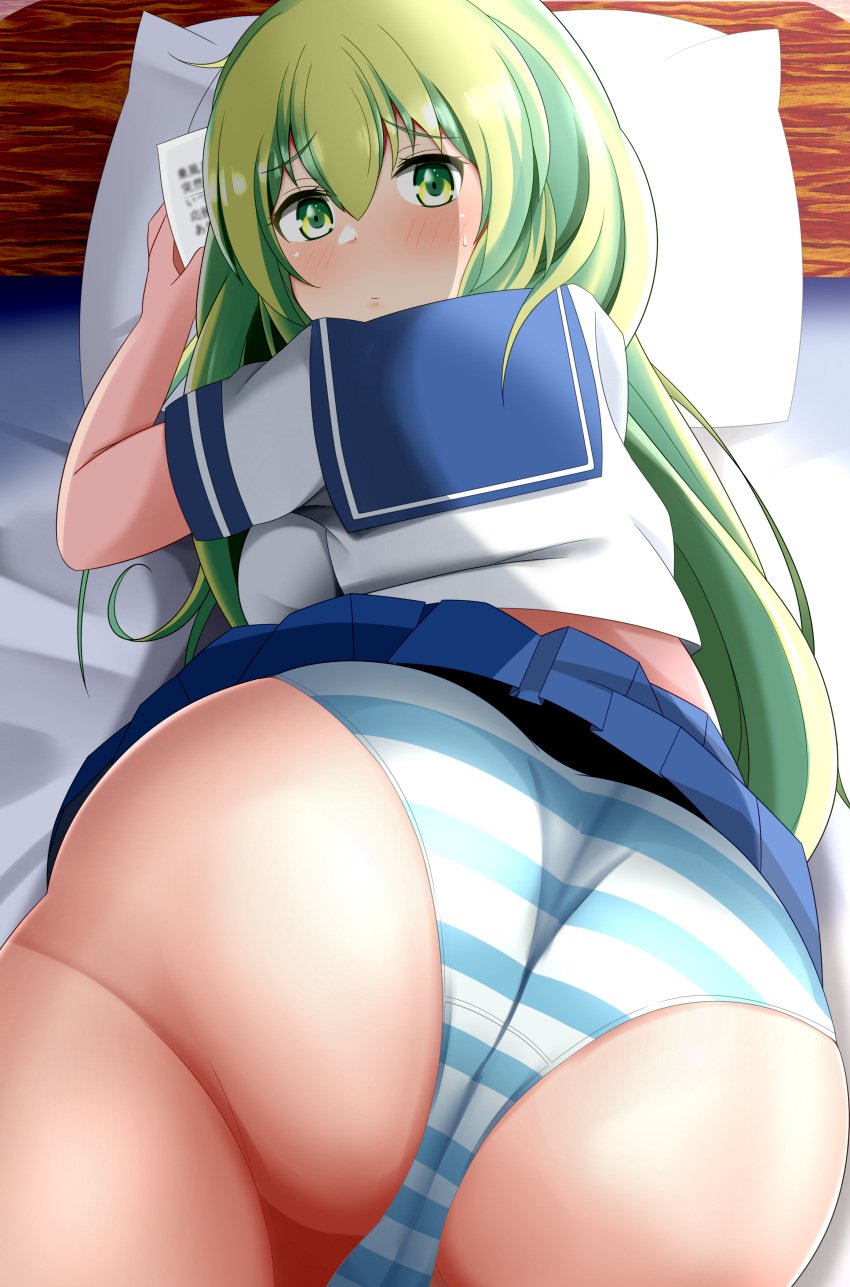 ass_focus blush fat_ass from_behind gigantic_ass holding_object huge_ass looking_back lying_on_bed lying_on_stomach onaho_(otayoku) paper sanae_kochiya serafuku soft_ass striped_panties sweatdrop thick_thighs touhou uncomfortable upskirt wide_hips