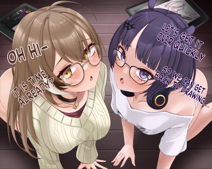 2girls ahoge all_fours black_choker blunt_bangs blush breasts brown_eyes brown_hair choker collarbone glasses hair_between_eyes highres hololive hololive_english hololive_english_-council- hololive_english_-promise- hololive_myth long_hair looking_at_viewer medium_breasts mole mole_under_eye multicolored_hair multiple_girls nanashi_mumei nanashi_mumei_(3rd_costume) ninomae_ina'nis ninomae_ina'nis_(5th_costume) nixour official_alternate_costume pointy_ears purple_eyes purple_hair short_hair small_breasts streaked_hair virtual_youtuber