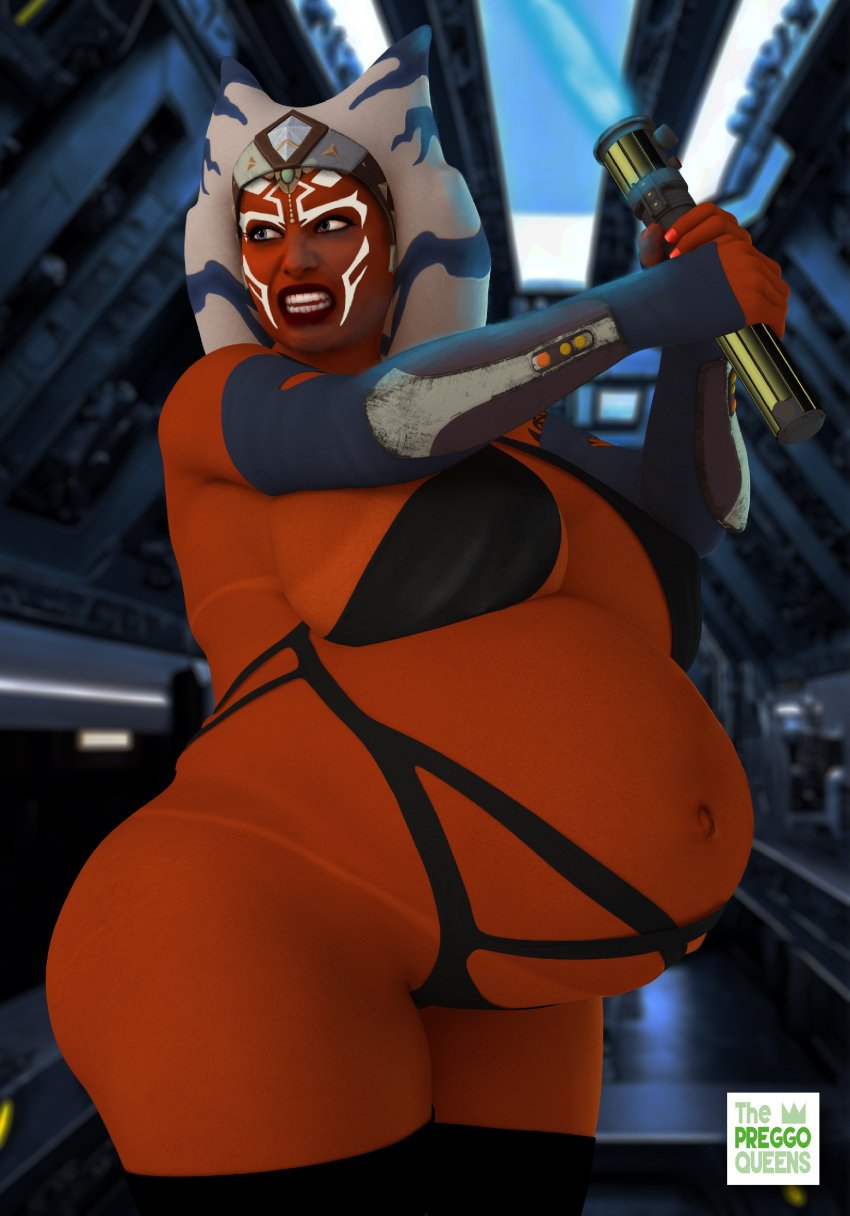 1girls ahsoka_tano alien belly big_belly big_breasts breasts cleavage female huge_breasts lightsaber orange_skin preggoqueen pregnant sideboob skimpy solo star_wars tanline thick_thighs togruta