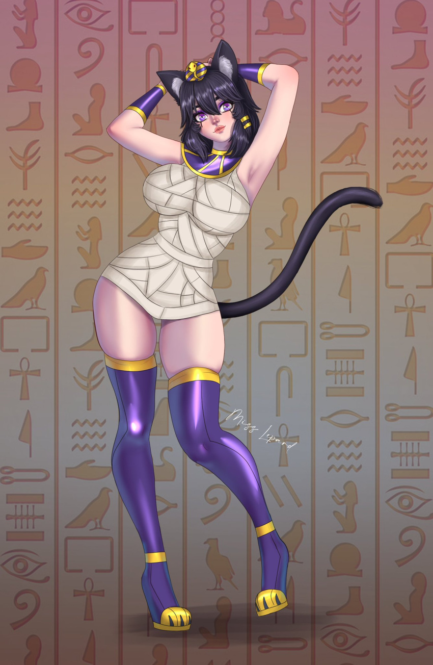 arm_bracelets armwear bandages big_breasts black_hair black_tail bracers busty cat_ears cat_tail catgirl cobra egyptian egyptian_clothes egyptian_eyeliner egyptian_headdress eyeliner gold_jewelry hair_rings headwear hieroglyphics hourglass_figure large_breasts looking_at_viewer mummy mummy_costume mummy_girl mummy_wrappings nselever paw_boots pinup pinup_pose plump_lips purple_eyes purple_eyeshadow streamer tail thatspookynekogirl thick_thighs thigh_boots thigh_highs twitch virtual_youtuber vtuber wesekh wrist_cuffs