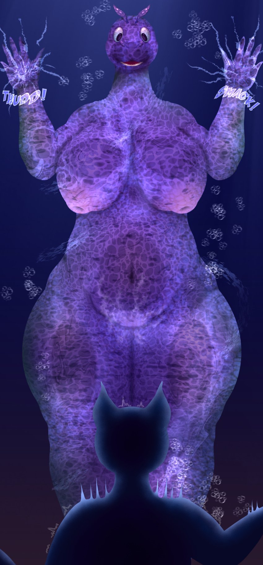 3d_(artwork) absurd_res against_surface anthro ass big_breasts big_butt breasts breasts_on_glass bubble curvy_figure digital_media_(artwork) duo eel eye_contact female fish genitals glass hi_res huge_breasts looking_at_another marine nipples nude on_glass onomatopoeia open_mouth purple_body pussy simple_background smile sound_effects surprise swimming text thick_thighs underwater water wide_hips xenolith0