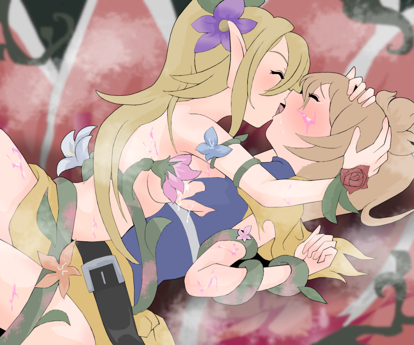 2girls anus areolae ass back belt big_breasts blonde_hair breast_sucking breasts breasts_out closed_eyes clothed defeated flower french_kiss interspecies kissing long_hair menou_(shokei_shoujo_no_virgin_road) milking_tentacles monster_girl multiple_girls nipple_suck open_mouth plant_girl plant_tentacle pointy_ears ponytail restrained ripped_clothing saliva shokei_shoujo_no_virgin_road sucking sucking_nipples tentacle tentacle_sucking_breasts the_executioner_and_her_way_of_life tongue tongue_kiss tongue_out torn_clothes ttp ttptt vines yuri