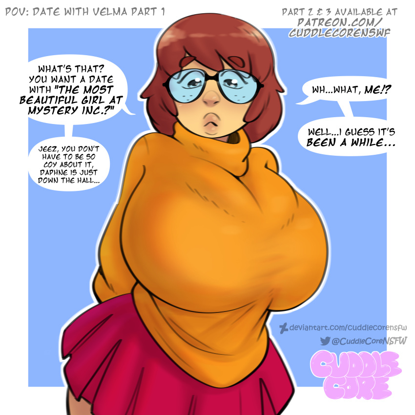 1girls 2023 2d 2d_(artwork) big_breasts breasts brown_eyes brown_hair character_name cuddlecore dialogue female_focus female_only freckles glasses hanna-barbera hi_res high_resolution highres huge_breasts imminent_sex pov pov_eye_contact scooby-doo signature speech_bubble surprised sweater text thick top_heavy turtleneck turtleneck_sweater velma_dinkley