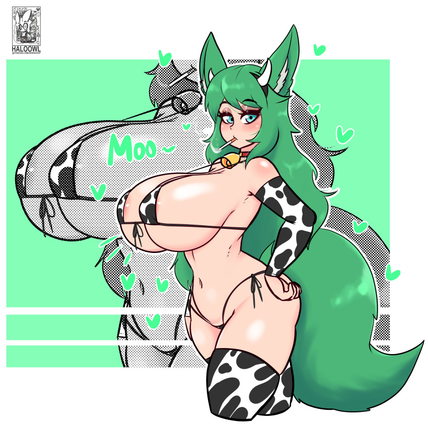 big_breasts bikini covered_nipples cow_print cowbell cowkini furry furry_ears green_hair haloowl kemonomimi looking_at_viewer micro_bikini original smoking smoking_cigarette