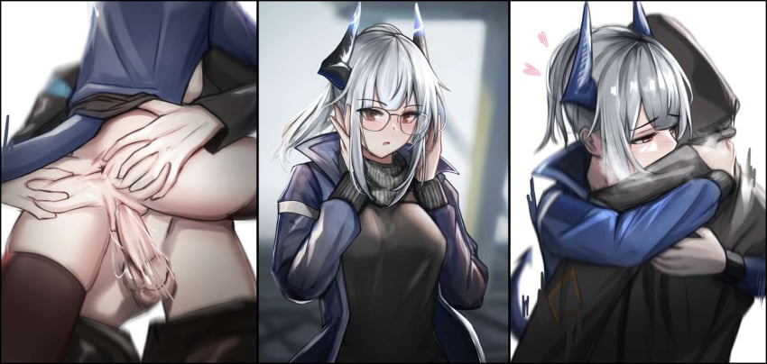 arknights ass ass_grab blush cum cute decensored doctor_(arknights) dragon_girl duo face_to_face female glasses grabbing heart heat horn hug krirk liskarm_(arknights) male_doctor_(arknights) one_leg_up precum pussy pussy_juice rear_view sex standing standing_sex steam sweat tagme tail vaginal_penetration