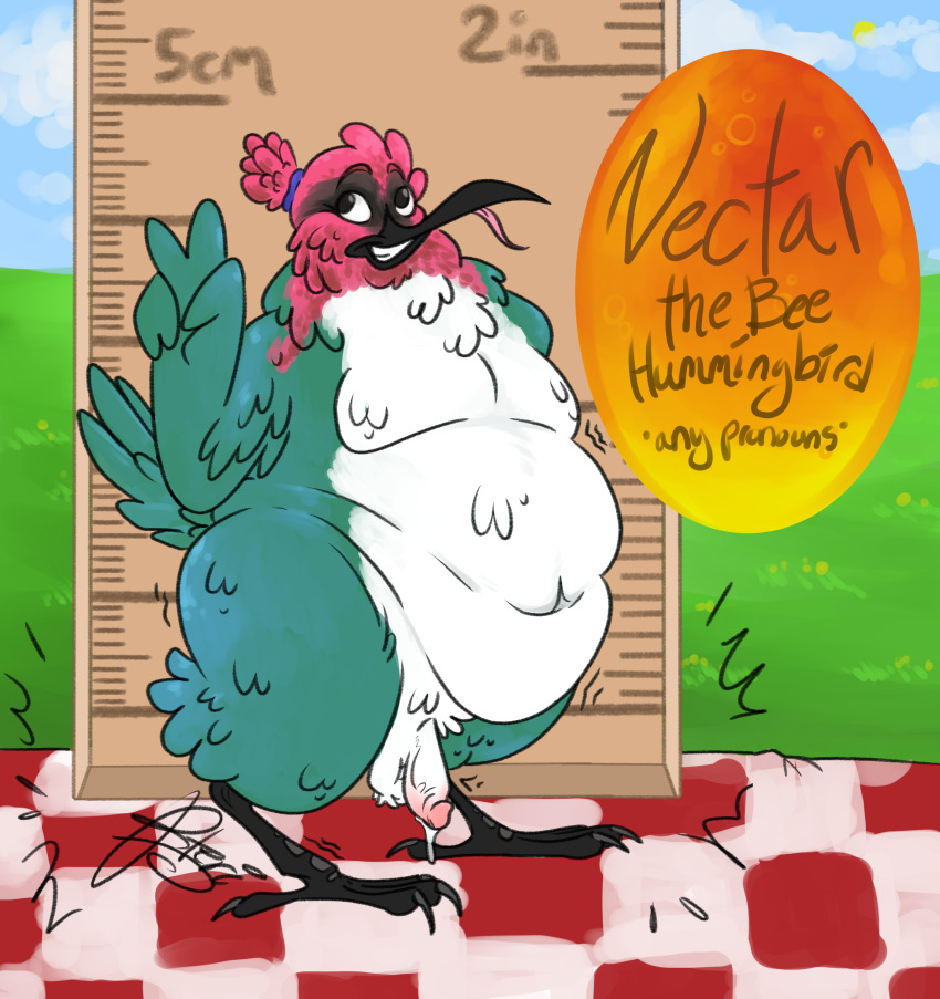 1boy absurd_res ambiguous_gender anthro artist_name avian balls ballsack beak bee_hummingbird belly bird feathers flaccid_penis genitals green_body green_feathers hi_res humanoid_penis hummingbird iridescent male male_only micro nectar_(pteri) overweight penis pteri_(artist) reference_image scrotum simple_background smile solo tail testicles tongue tongue_out trochilinae white_belly