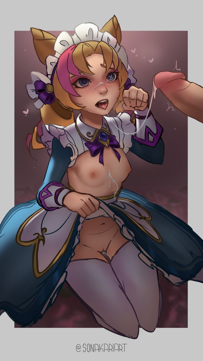 1boy 1girls blonde_hair blue_eyes cafe_cutie_gwen cafe_cuties_series cum cum_on_body cum_on_face drill_hair gwen_(league_of_legends) kneeling league_of_legends looking_up maid maid_uniform open_mouth partially_clothed presenting pussy skirt_lift small_breasts sonakariart stockings twin_drills