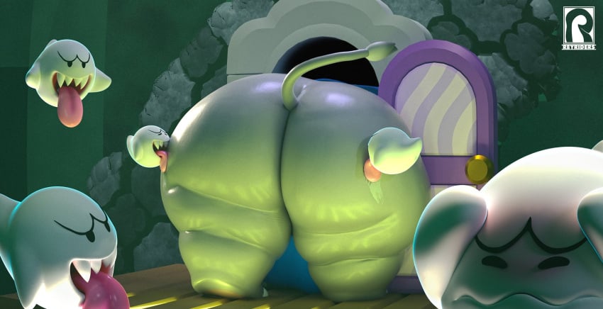 3d absurd_res ambiguous_gender anthro ass bent_over big_ass big_tongue bodily_fluids boo_(mario) bottomless closed_eyes clothed clothing door doorway elephant elephant_mario elephantid fat_ass furry ghost green_background group hi_res huge_ass hyper hyper_ass licking licking_ass male male/ambiguous mammal mario mario_(series) open_mouth partially_clothed raised_tail rear_view reyriders saliva saliva_on_butt saliva_trail sharp_teeth small_dom_big_sub stuck stuck_in_door super_mario_bros._wonder tail tail_tuft teeth thick_thighs through_wall tongue tongue_out watermark wide_hips