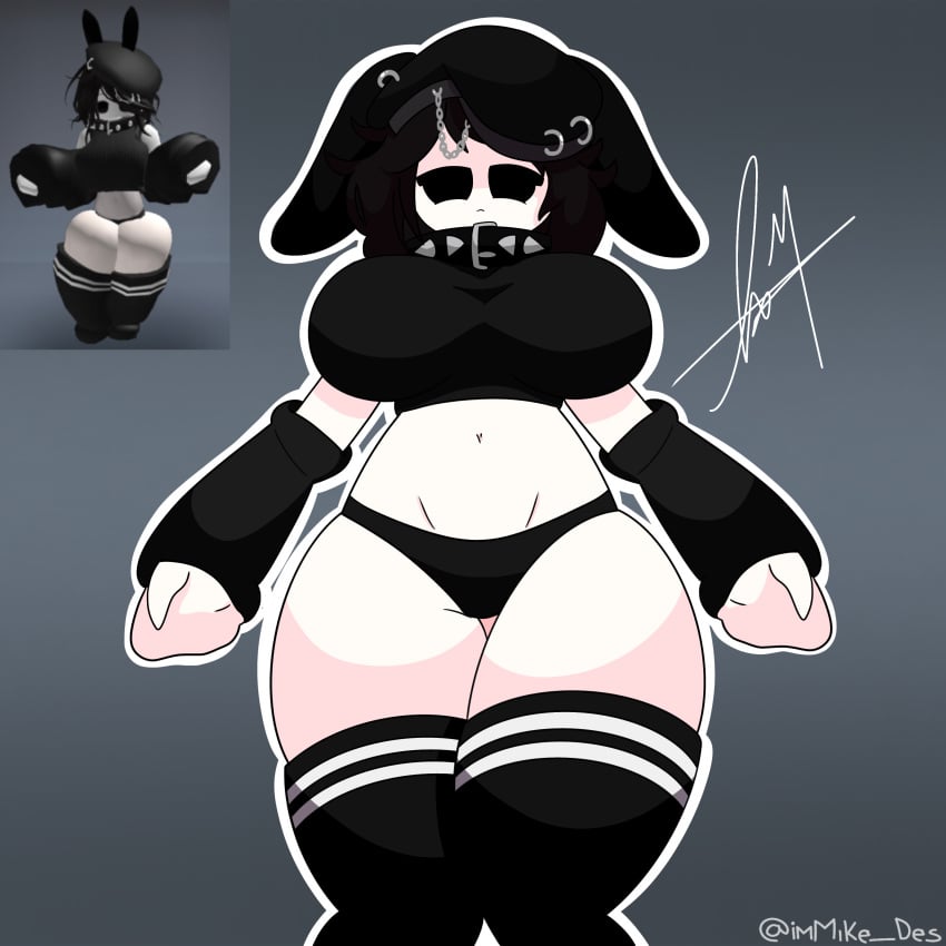 1girls armwear ass black_clothing black_eyes breasts bunny_ears chains curvy curvy_body curvy_female curvy_figure female goth goth_girl midriff mike_(desloq) neckwear reference_image roblox robloxian rule_63 tagme thick thick_thighs thighhighs tiktok white_skin
