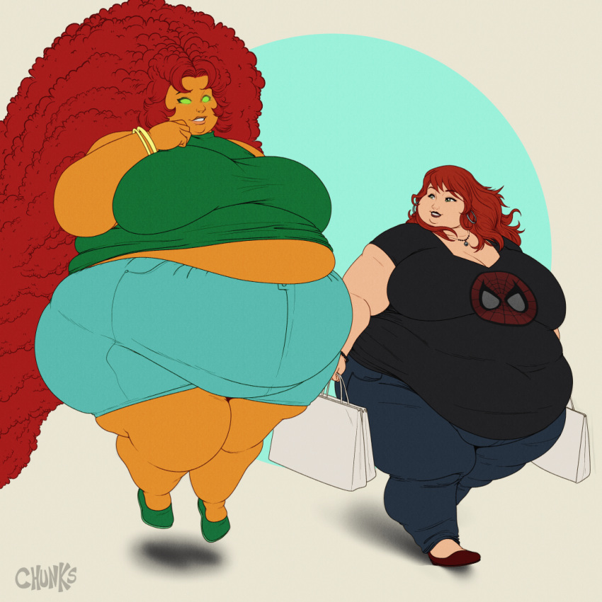 2girls bbw belly_overhang black_shirt blue_pants blue_shorts breasts_bigger_than_head carrying_bags chunkerchunks commission crossover dc dc_comics earrings fat fat_arms fat_ass fat_belly fat_breasts fat_legs female female_only floating glowing_eyes gold_bracelet gold_bracelets green_eyes green_shirt green_shoes huge_hair human humanoid large_breasts light-skinned_female light_skin long_hair looking_at_each_other marvel marvel_comics mary_jane_watson merchandise necklace obese orange-skinned_female orange_skin overweight red_hair red_hair_female red_shoes shoulder_length_hair spider-man_(series) ssbbw starfire story_at_source tamaranean teen_titans walking weight_gain