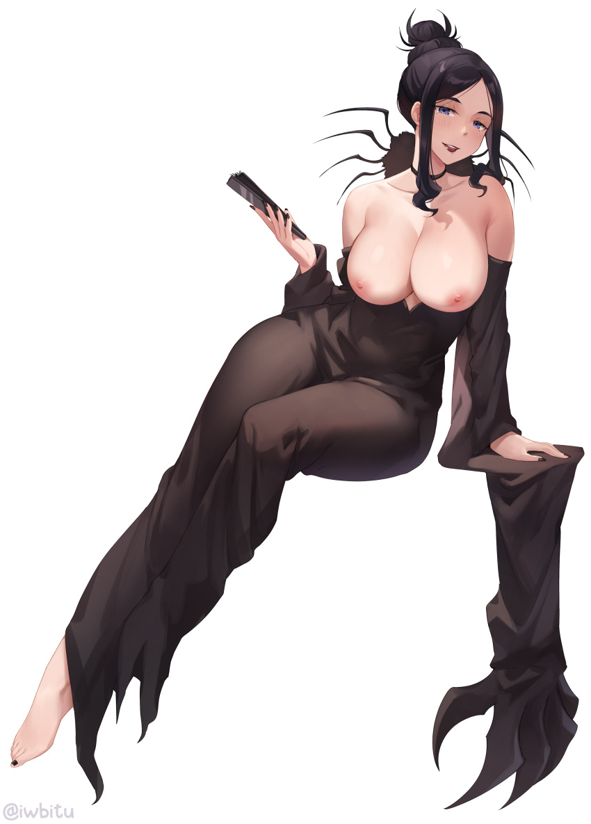 1girls arachne_(soul_eater) arachne_gorgon areola big_breasts black_hair black_nails blue_eyes breasts breasts_out female female_only iwbitu large_breasts leaning long_hair nipples smile smiling smiling_at_viewer soul_eater white_background wide_hips