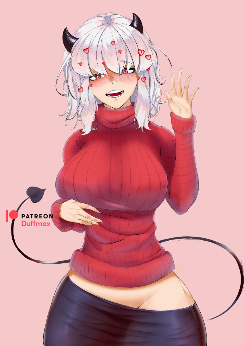 big_breasts breasts breasts demon demon_girl demon_horns demon_tail duffmox greeting heart helltaker modeus_(helltaker) skirt smile sweater thick_thighs thighs white_hair