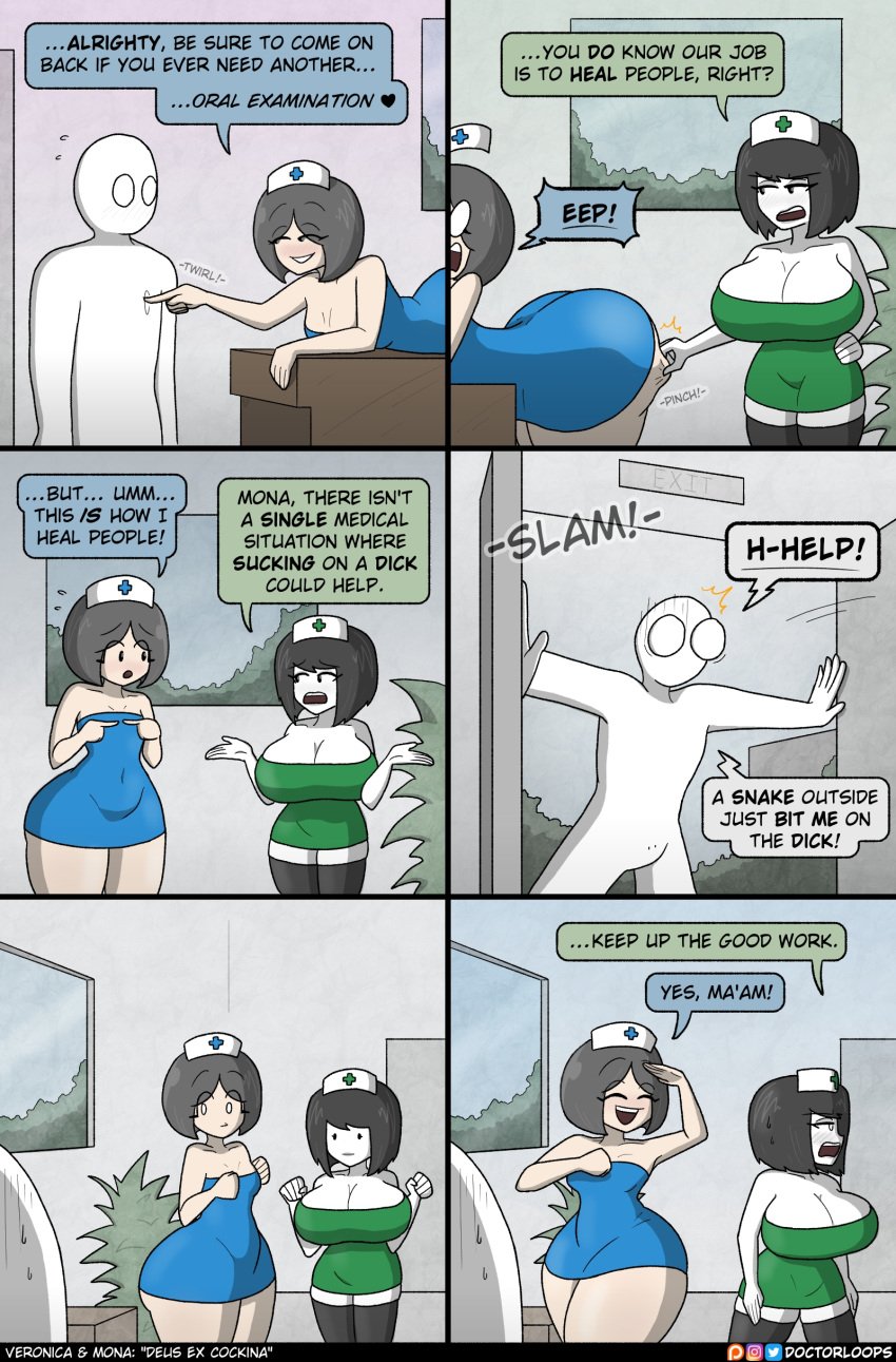 1boy 2girls bending_forward bending_over bent_forward bent_over big_ass big_breasts big_butt butt_pinch comedy comic comic_strip doctorloops fat_ass fat_butt funny humor mona_(doctorloops) pinching_ass snake_bite tagme text text_box veronica_(doctorloops)