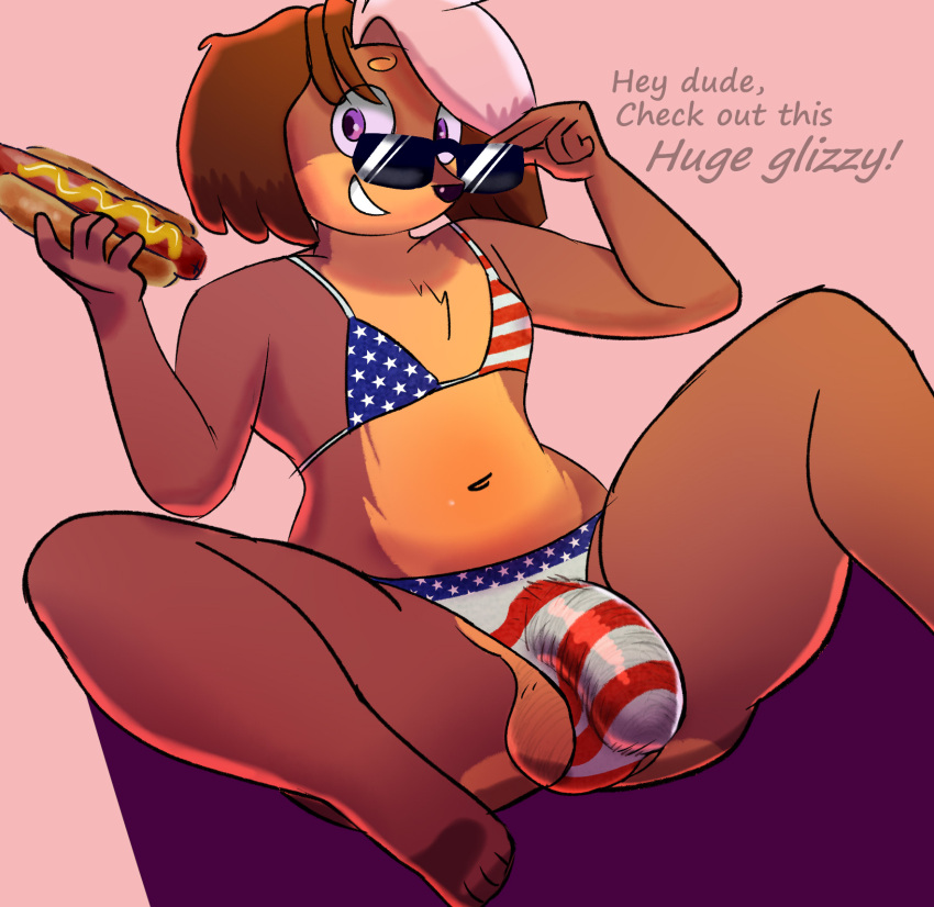 anthro balls bikini bikini_bottom bikini_top brown_body brown_fur brown_hair canid canine canis clothed clothing crossdressing dialogue domestic_dog english_text eyewear food fur genital_outline genitals girly hair half-erect hi_res highlights_(coloring) hot_dog humanoid_genitalia humanoid_penis looselou looselou_art lou_(looselou_art) male mammal nonbinary_(lore) penis pink_background pink_highlights simple_background smile solo spread_legs spreading stars_and_stripes sunglasses swimwear text united_states_of_america wardrobe_malfunction wide_eyed