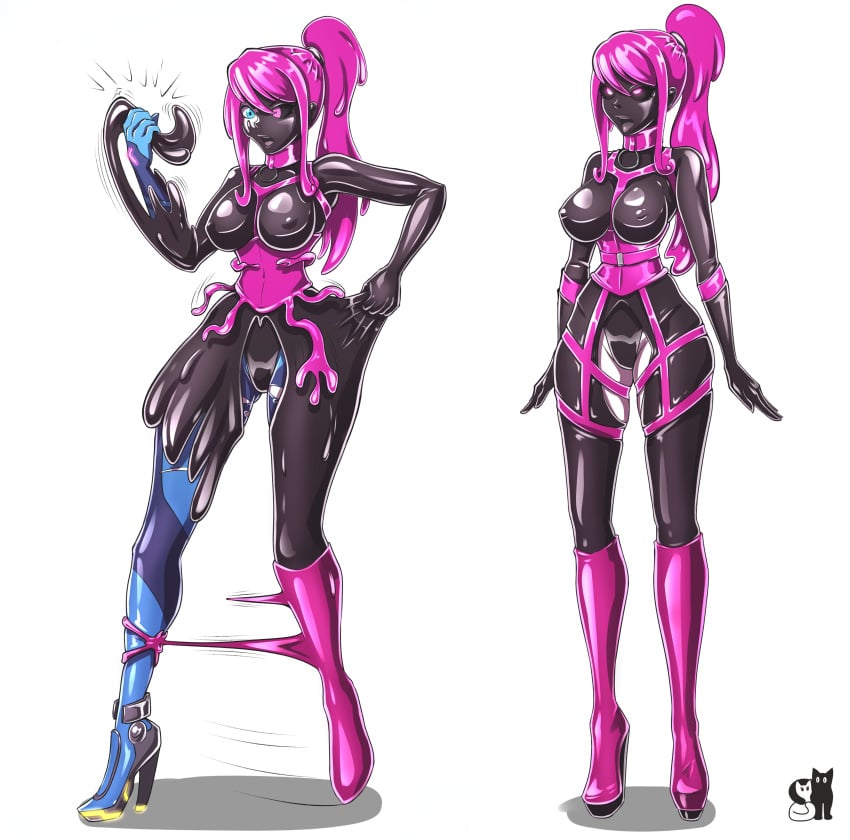 bodysuit breasts corset drone droneification female female_focus female_only goo_transformation hair high_heels large_ass large_breasts latex latex_clothing latex_transformation liquid_latex metroid rosvo samus_aran standing thick_thighs transformation wide_hips