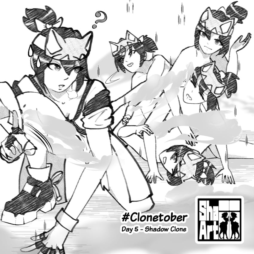 black_and_white censored clone clonecest clones clonetober doppelganger female gloves jutsu kiriko_(overwatch) ninja overwatch selfcest shadow_clone shadow_clone_jutsu shaii64 shoes videogames