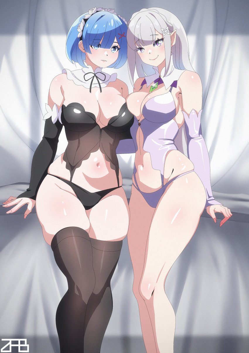 2girls black_stockings blue_eyes blue_hair breast_to_breast breasts breasts_pressed_together emilia_(re:zero) female female_only multiple_girls navel purple_eyes re:zero_kara_hajimeru_isekai_seikatsu rem_(re:zero) stockings thick_thighs thighs underwear white_hair zabbraea