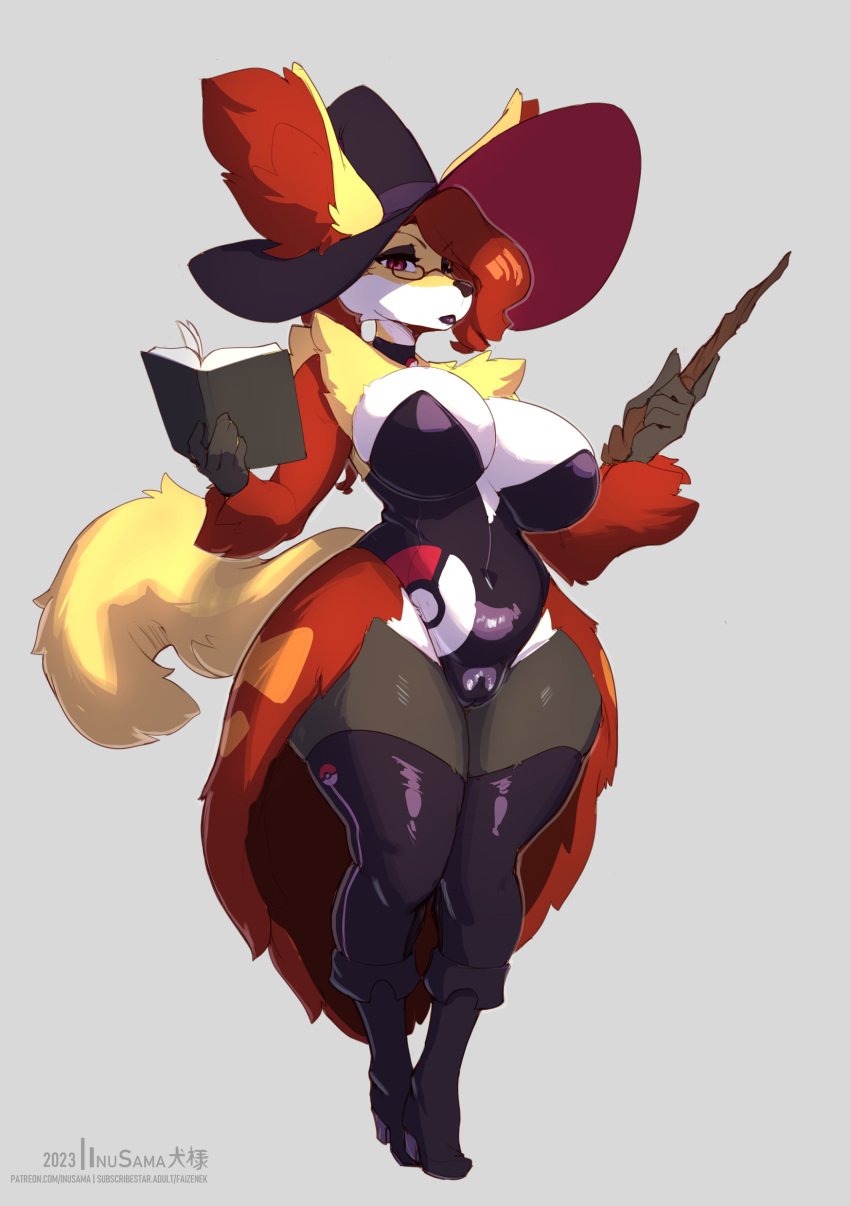 2023 absurd_res anthro big_breasts book breasts camel_toe clothed clothing delphox female generation_6_pokemon hat headgear headwear hi_res inu-sama legwear looking_at_viewer nintendo pokemon pokemon_(species) solo the_dogsmith tight_clothing witch_costume witch_hat