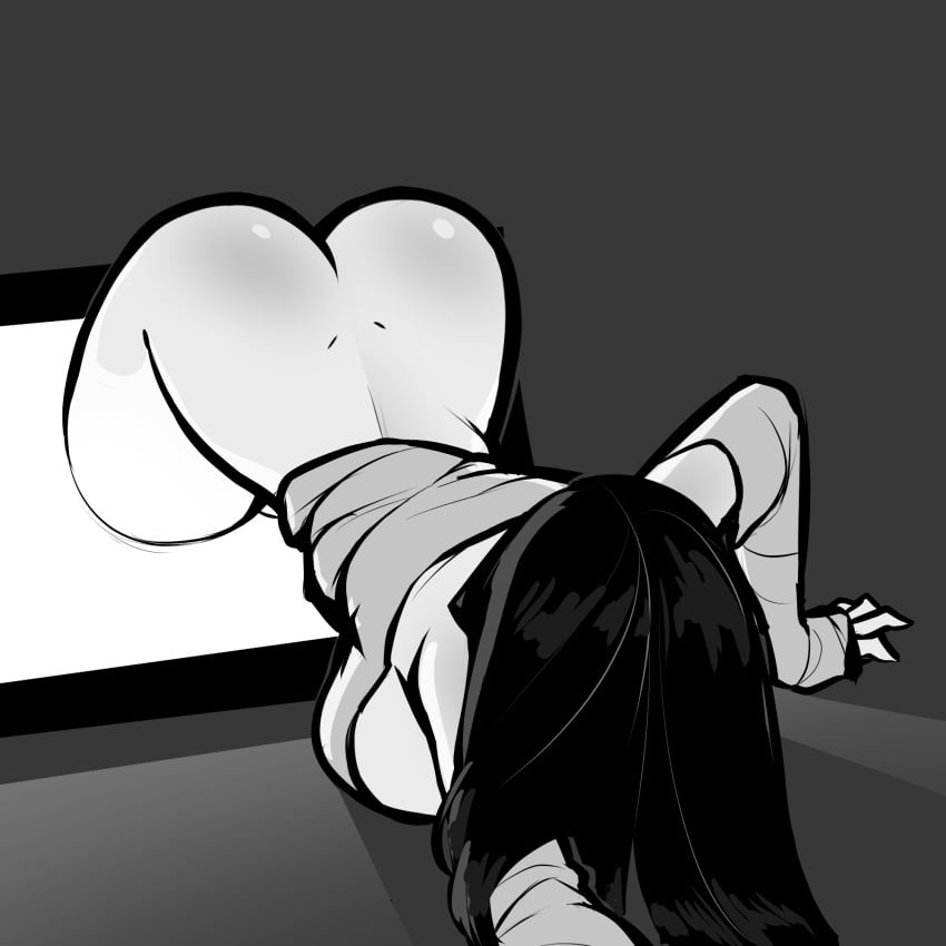 1girls 2023 ass ass_up black_hair breasts crawling dress dress_up greyscale hair_over_eyes long_hair no_panties tagme tekona the_ring thighs top-down_bottom-up yamamura_sadako