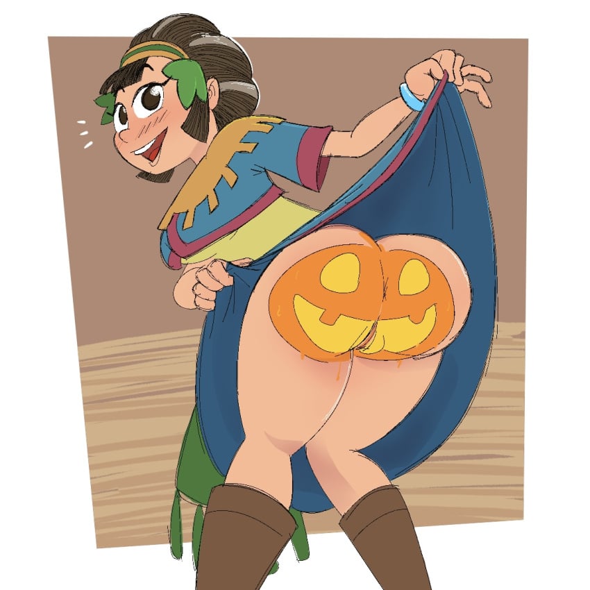 1girls anus ass blush bodypaint bottomless brown_eyes brown_hair campcunnilingus female female_only flashing jack-o'-lantern kina_(skyward_sword) lifting_skirt looking_back open_mouth pussy short_hair skyward_sword smile the_legend_of_zelda upskirt