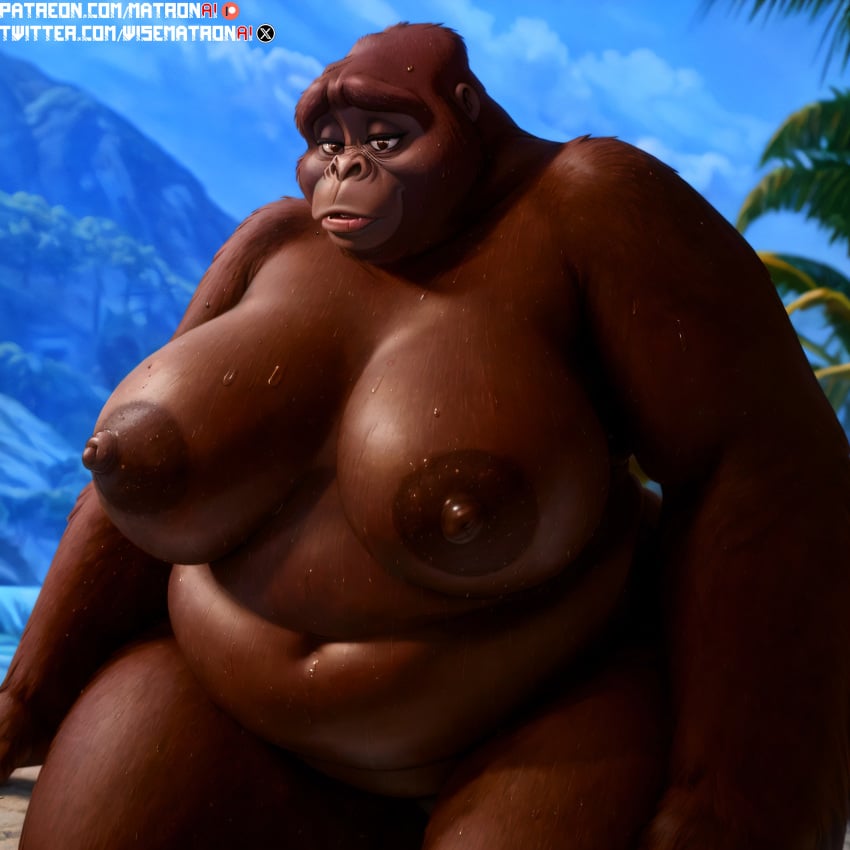 4k ai_generated anthro ape areola areolae bbw belly big_belly big_breasts breasts disney female female_anthro female_focus gorilla highres huge_breasts kala_(tarzan) large_breasts mammal matronai_(artist) mature mature_anthro mature_female mature_woman milf navel nipples nude nude_female obese obese_anthro obese_female patreon patreon_username pinup primate ssbbw stable_diffusion sweat sweating tarzan_(1999_film) thick thick_thighs twitter_username wide_hips