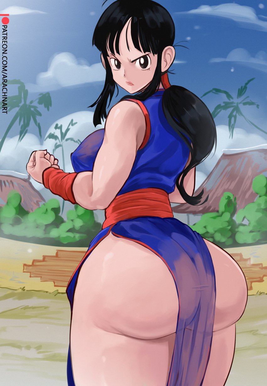 1girls angry angry_face arachnart ass ass_focus big_ass big_breasts big_butt blue_dress chichi chinese_dress dark_hair dragon_ball female large_ass looking_at_viewer looking_back nipple_bulge plump plump_ass ponytail pov pov_eye_contact serious_look side_slit side_slit_dress slim_waist thighs