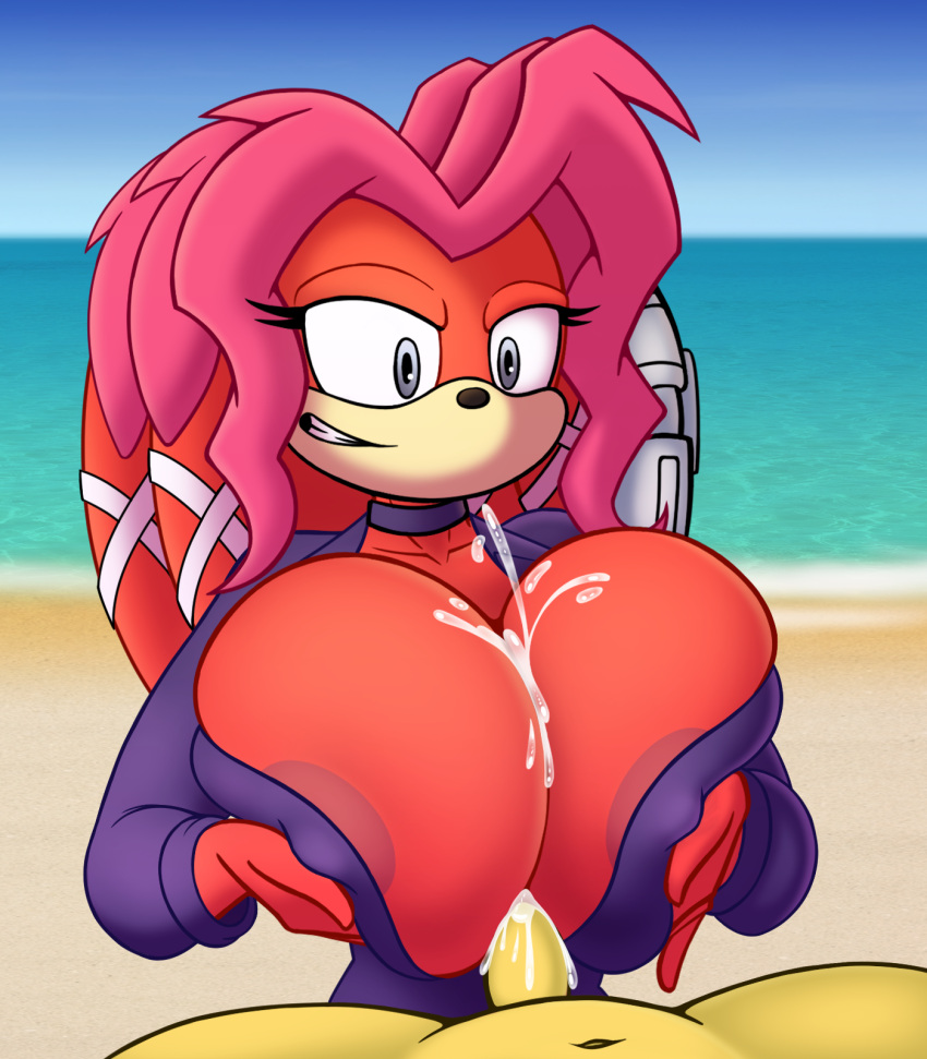 1boy 1girls anthro archie_comics areola beach big_breasts breast_play breasts choker clothing duo echidna erection female female_focus genitals hi_res jewelry lien-da male male/female male_pov mammal monotreme necklace nipple_outline paizuri partial_male penis pink_hair raki_boi red_body rubber rubber_clothing rubber_suit seaside sega sex shaved_crotch smooth_penis smug smug_face sonic_(series) sonic_the_hedgehog_(archie) sonic_the_hedgehog_(comics) sonic_the_hedgehog_(series) straight