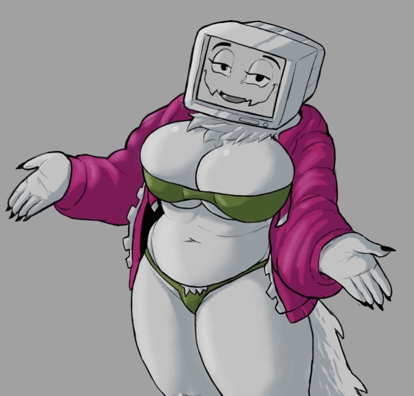 anthro big_breasts bra breasts bush chubby chubby_female female fur furry gamersupps green_bra green_lingerie green_panties green_swimsuit jacket looking_at_viewer panties purple_jacket pyrocynical pyrocynical_tvhead_oc skimpy skimpy_bikini skimpy_clothes skimpy_swimwear smiling_at_viewer spacedevildino thick_thighs thong tv tv_face tv_head tv_screen youtube youtuber