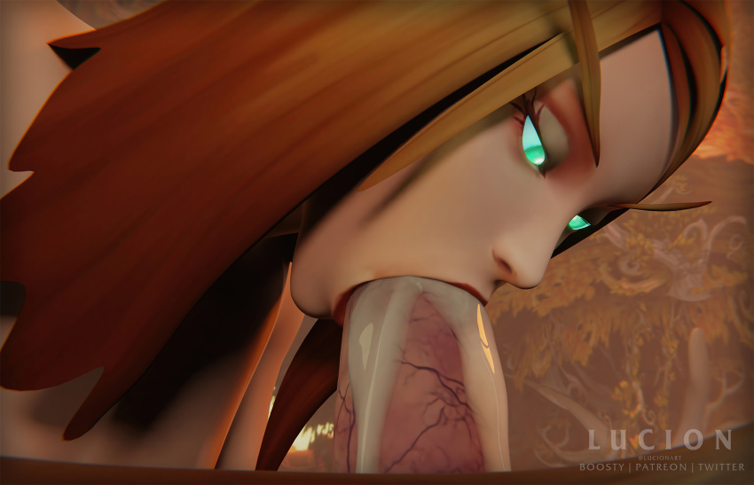 3d 3d_(artwork) blizzard_entertainment blood_elf blowjob brown_fur brown_hair cum cum_in_mouth cum_inside fangs feline female feral feral_on_female forest forest_background green_eyes knot lucionart lynx male sucking sucking_penis warcraft world_of_warcraft zoophilia