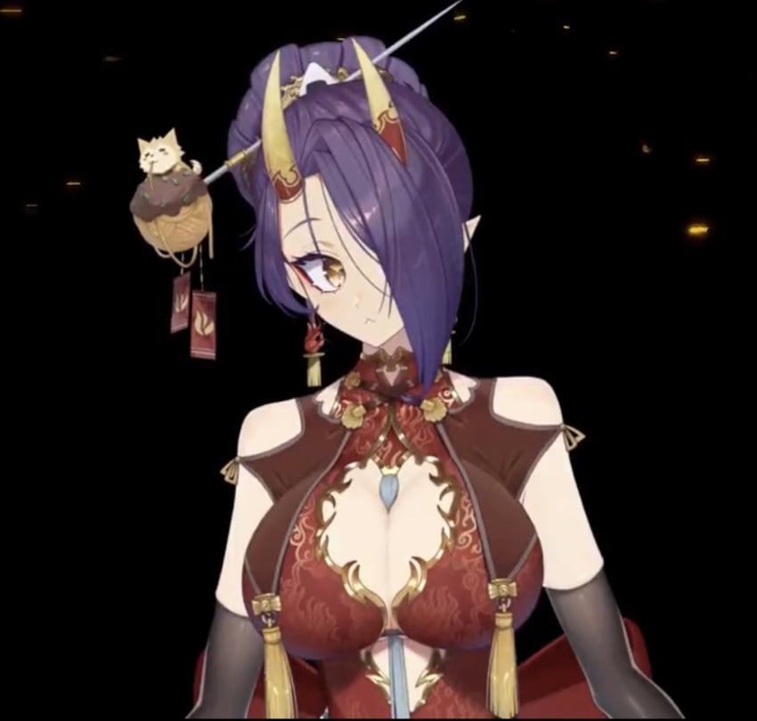 1girls accurate_art_style bun_hair cleavage cute hair_over_one_eye indie_virtual_youtuber large_breasts looking_at_viewer not_porn official official_art official_model one_eye_covered oni oni_horns onigiri_(vtuber) purple_hair screenshot simple_background virtual_youtuber