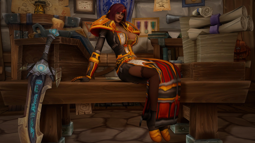 cleavage clothed_female dark_skinned human_female kaelatheelf kaelscorner paladin sitting solo_female warcraft weapon world_of_warcraft